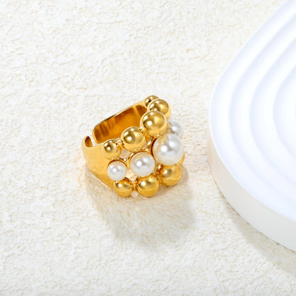 Wholesale 18K Gold Plated Pearl & Gold Bead Cluster Open Ring Hypoallergenic asonjewelry