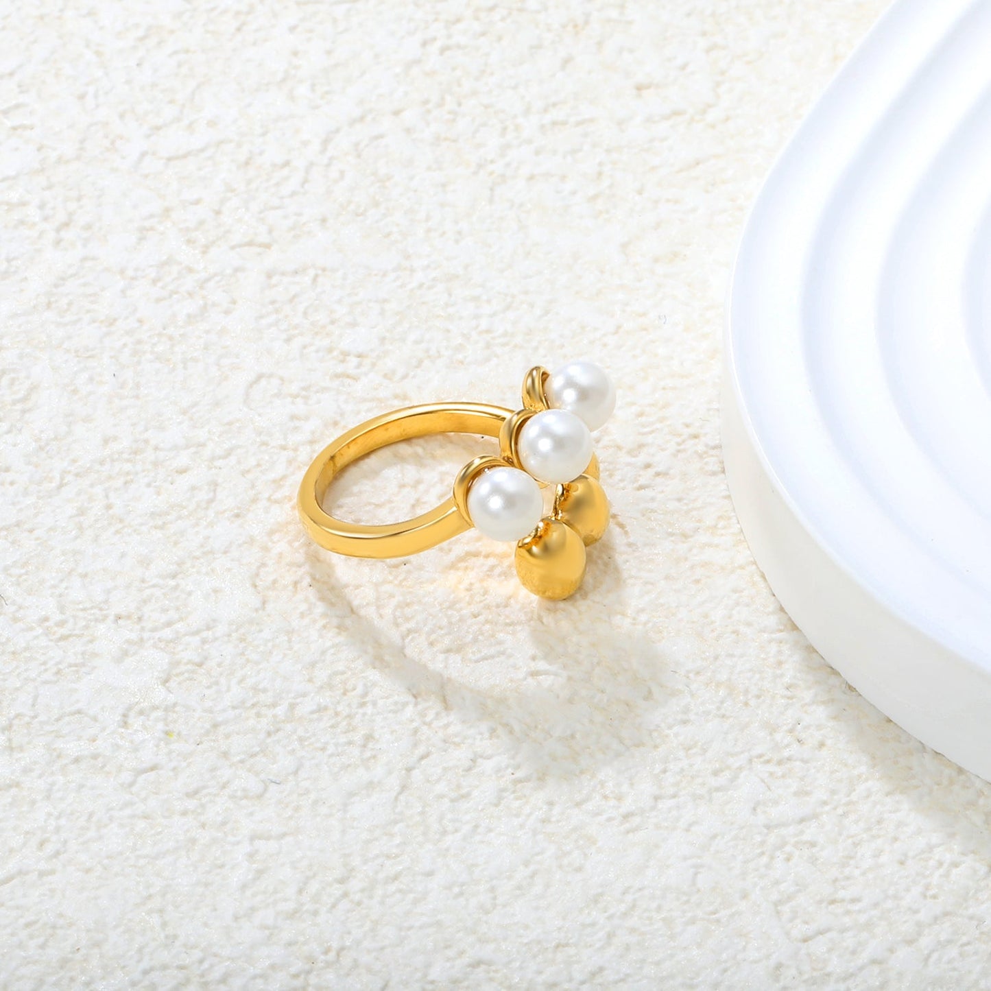 Wholesale 18K Gold Plated Pearl & Gold Bead Open Ring Hypoallergenic asonjewelry