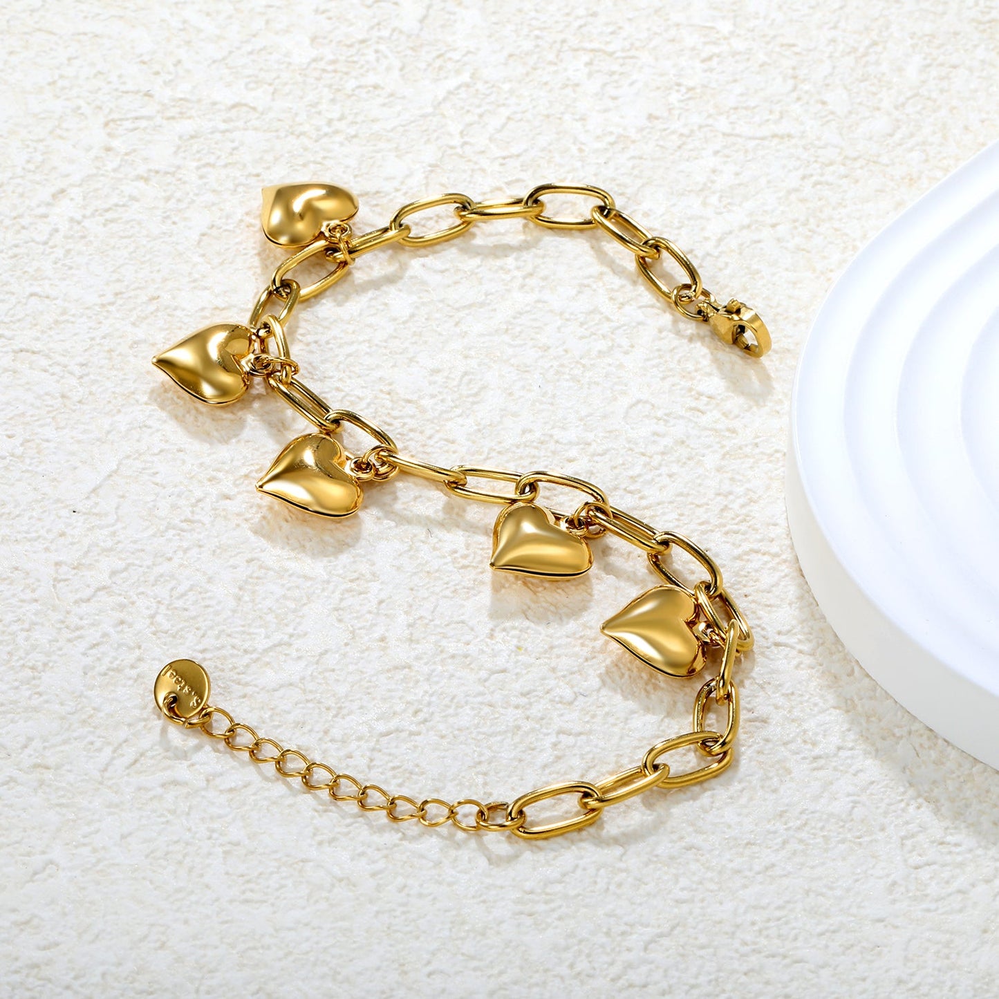 11.5mm 5 Heart Pendants 1.2*5*10mm Oval Chain 18+3cm+6mm Round Tag Bracelet Gold asonjewelry
