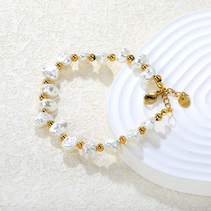 8x9mm Shell-Shaped Bracelet with 4mm Spacer Beads 18+3cm Length + Round Tag Steel Gray/Gold asonjewelry