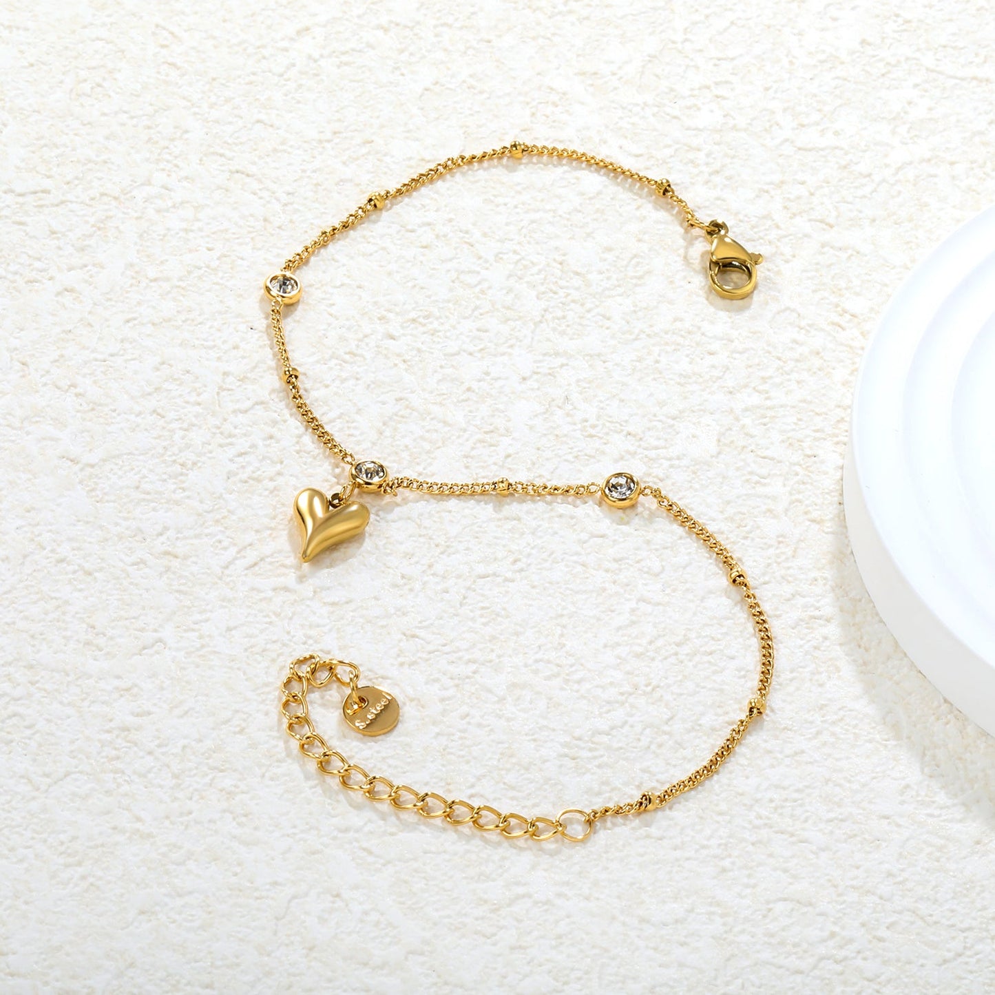 4.4mm 3 round diamonds 8.5*10mm heart-shaped pendant 20+5cm+6mm round tag chain anklet gold asonjewelry