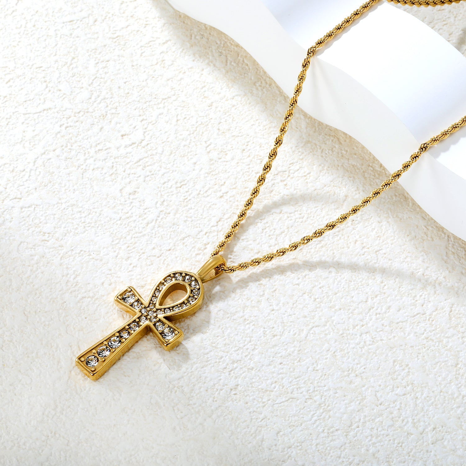 20.8*37.7mm Egyptian Cross Pendant with White Acrylic Diamonds 2mm Twisted Chain 50+5cm+6mm Round Tag Necklace Gold asonjewelry