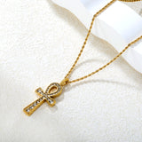 20.8*37.7mm Egyptian Cross Pendant with White Acrylic Diamonds 2mm Twisted Chain 50+5cm+6mm Round Tag Necklace Gold