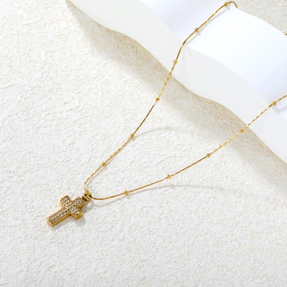 10*15mm CNC White Zircon Cross 0.3 Cross Hammer Solid Clasp Chain 40+5cm+6mm Round Pendant Necklace Gold asonjewelry