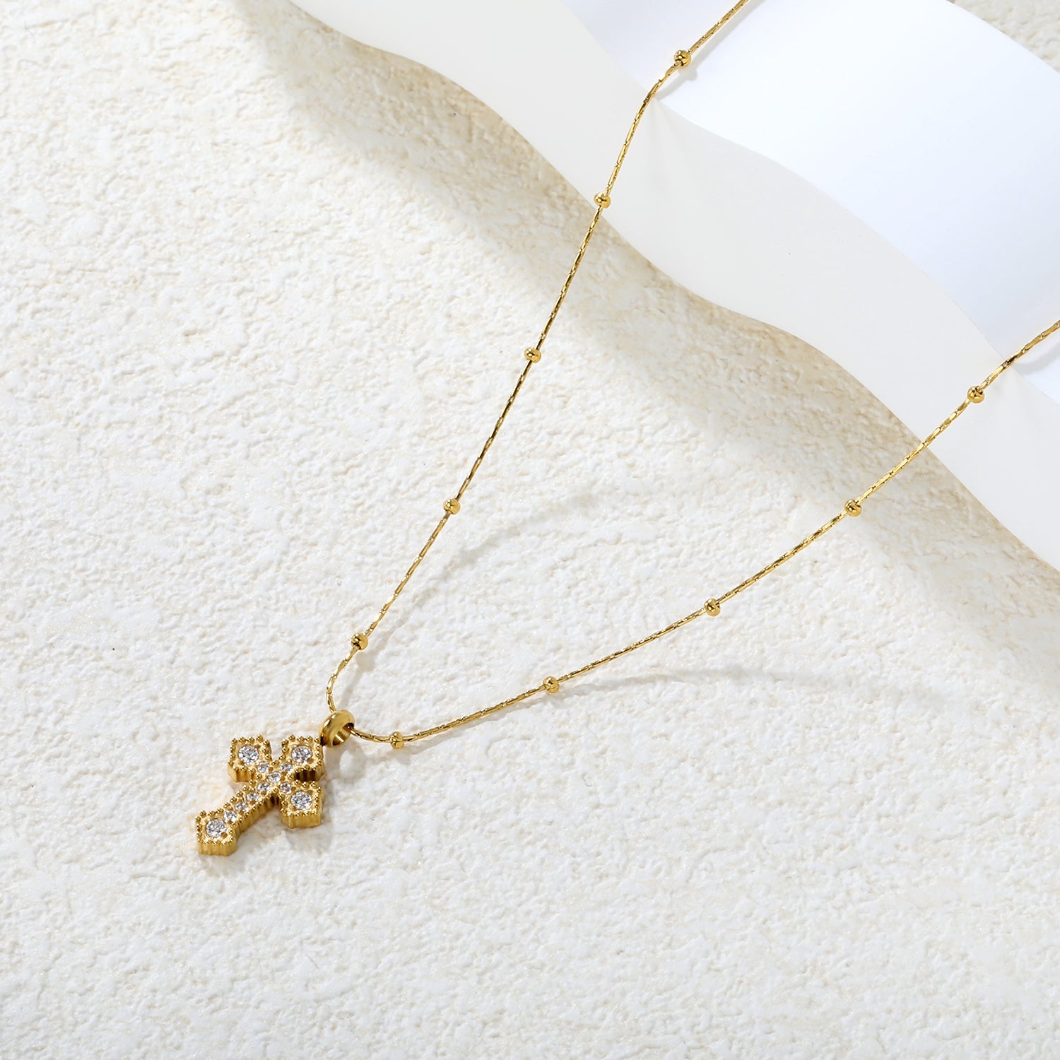 11.2*15mm CNC White Zircon Cross 0.3 Cross Hammer Solid Bead Chain 40+5cm+6mm Round Tag Necklace Gold asonjewelry