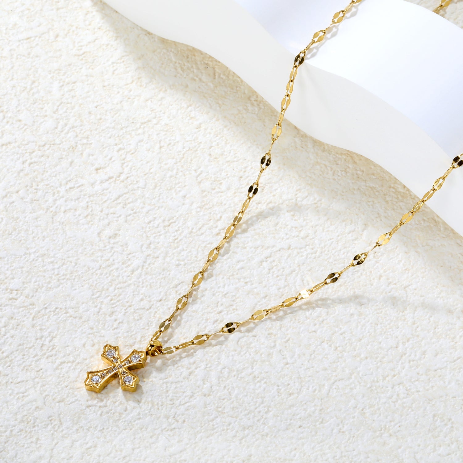 12.6*14mm CNC White Zircon Cross Lip Chain 40+5cm+6mm+Round Pendant Necklace Gold asonjewelry
