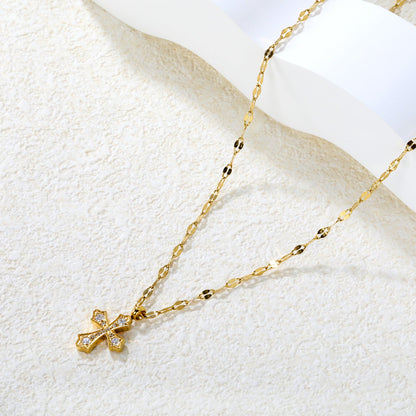 12.6*14mm CNC White Zircon Cross Lip Chain 40+5cm+6mm+Round Pendant Necklace Gold asonjewelry