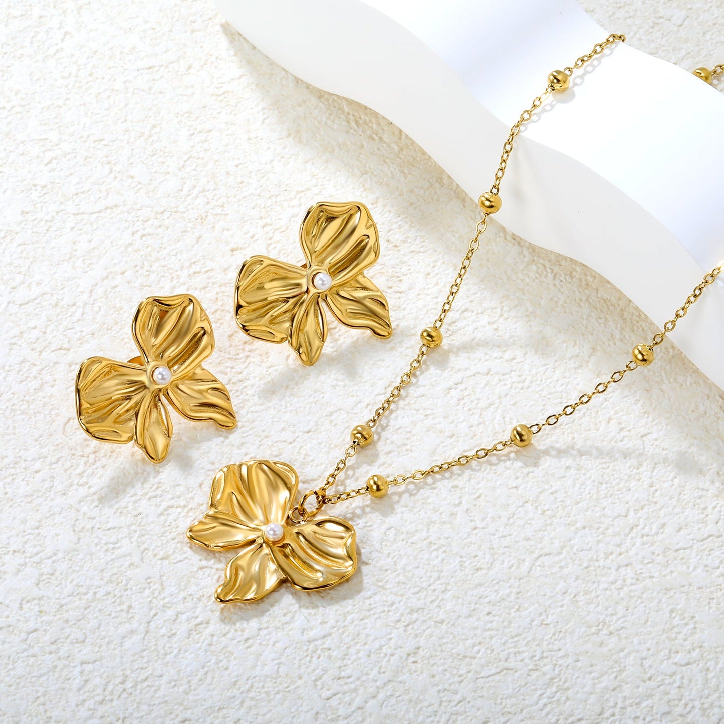 Imitation Pearl French Bow Set, Gold Earrings: 28*24.5mm Pendant: 28*24.5mm 0.4mm Pearl Cross Chain 40+5cm + 6mm Round Tag asonjewelry