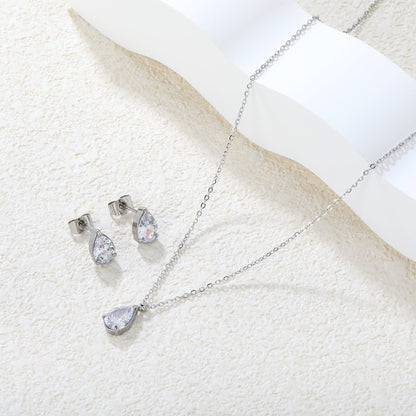 Teardrop White Zircon Set Gold/Steel-Tone Studs: 6.1*9.4mm Pendant: 6.1*9.4mm 0.3ct Cross Chain 40+5cm + 6mm Round Tag asonjewelry