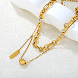 11*8mm Sugar Bean Beads 5*7.5mm Rectangular Tag 1.3mm Oval Chain 35cm+0.4cm Side Chain 38+3cm Pendant Chain 5cm+6mm Round End Tag Double Chain Necklace Steel/Gold