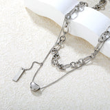 11*8mm Sugar Bean Beads 5*7.5mm Rectangular Tag 1.3mm Oval Chain 35cm+0.4cm Side Chain 38+3cm Pendant Chain 5cm+6mm Round End Tag Double Chain Necklace Steel/Gold
