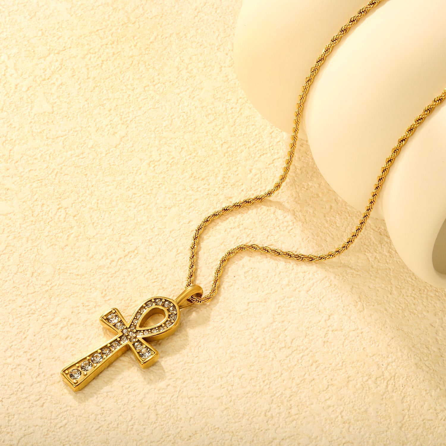20.8*37.7mm Egyptian Cross Pendant with White Acrylic Diamonds 2mm Twisted Chain 50+5cm+6mm Round Tag Necklace Gold asonjewelry
