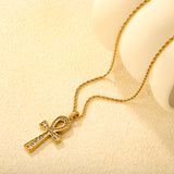 20.8*37.7mm Egyptian Cross Pendant with White Acrylic Diamonds 2mm Twisted Chain 50+5cm+6mm Round Tag Necklace Gold