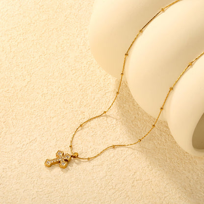 11.2*15mm CNC White Zircon Cross 0.3 Cross Hammer Solid Bead Chain 40+5cm+6mm Round Tag Necklace Gold asonjewelry