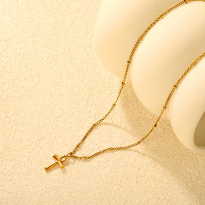 9.5*15mm Vintage Cross Lip Chain 40+5cm+6mm Round Tag Necklace Gold asonjewelry