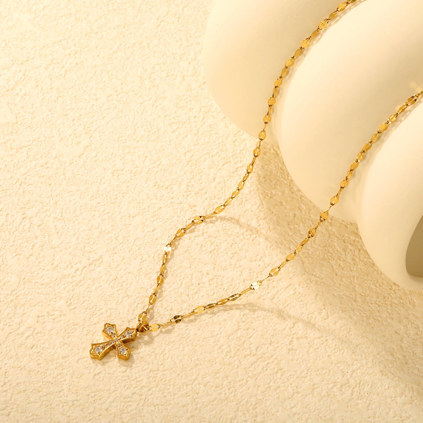 12.6*14mm CNC White Zircon Cross Lip Chain 40+5cm+6mm+Round Pendant Necklace Gold asonjewelry