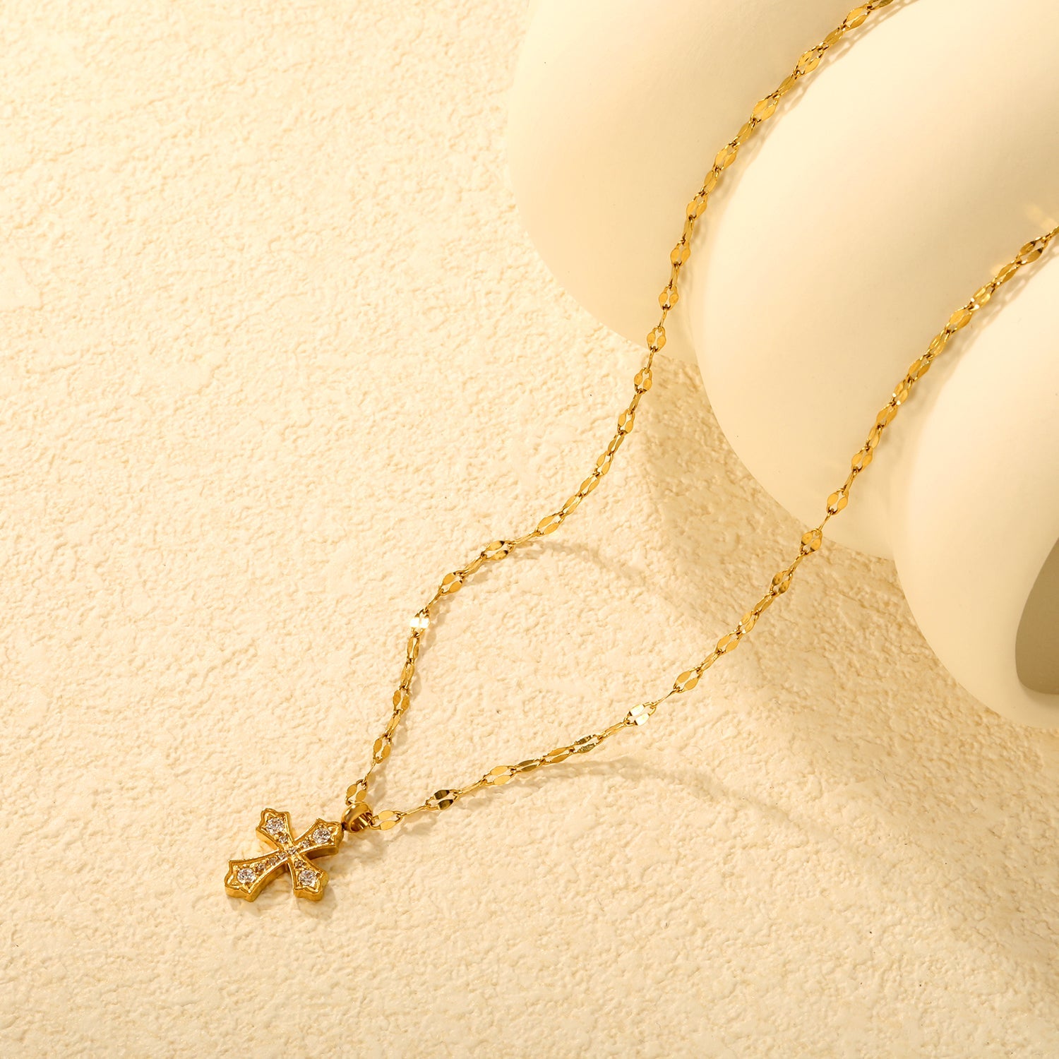 12.6*14mm CNC White Zircon Cross Lip Chain 40+5cm+6mm+Round Pendant Necklace Gold asonjewelry