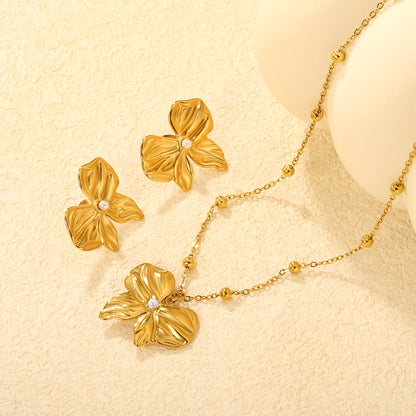 Imitation Pearl French Bow Set, Gold Earrings: 28*24.5mm Pendant: 28*24.5mm 0.4mm Pearl Cross Chain 40+5cm + 6mm Round Tag asonjewelry