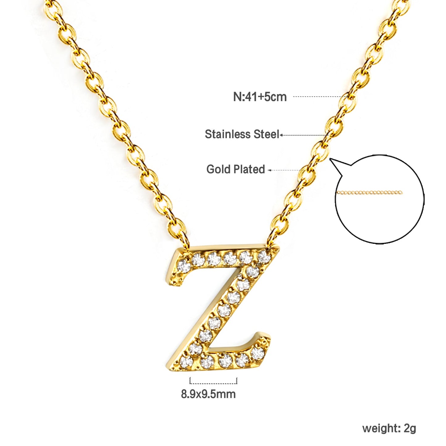 A-Z monogrammed pendant necklace with white diamonds 41+5cm asonjewelry