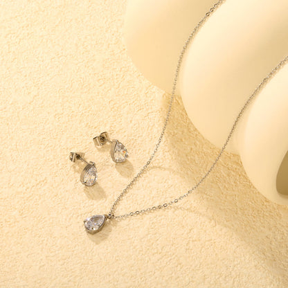 Teardrop White Zircon Set Gold/Steel-Tone Studs: 6.1*9.4mm Pendant: 6.1*9.4mm 0.3ct Cross Chain 40+5cm + 6mm Round Tag asonjewelry