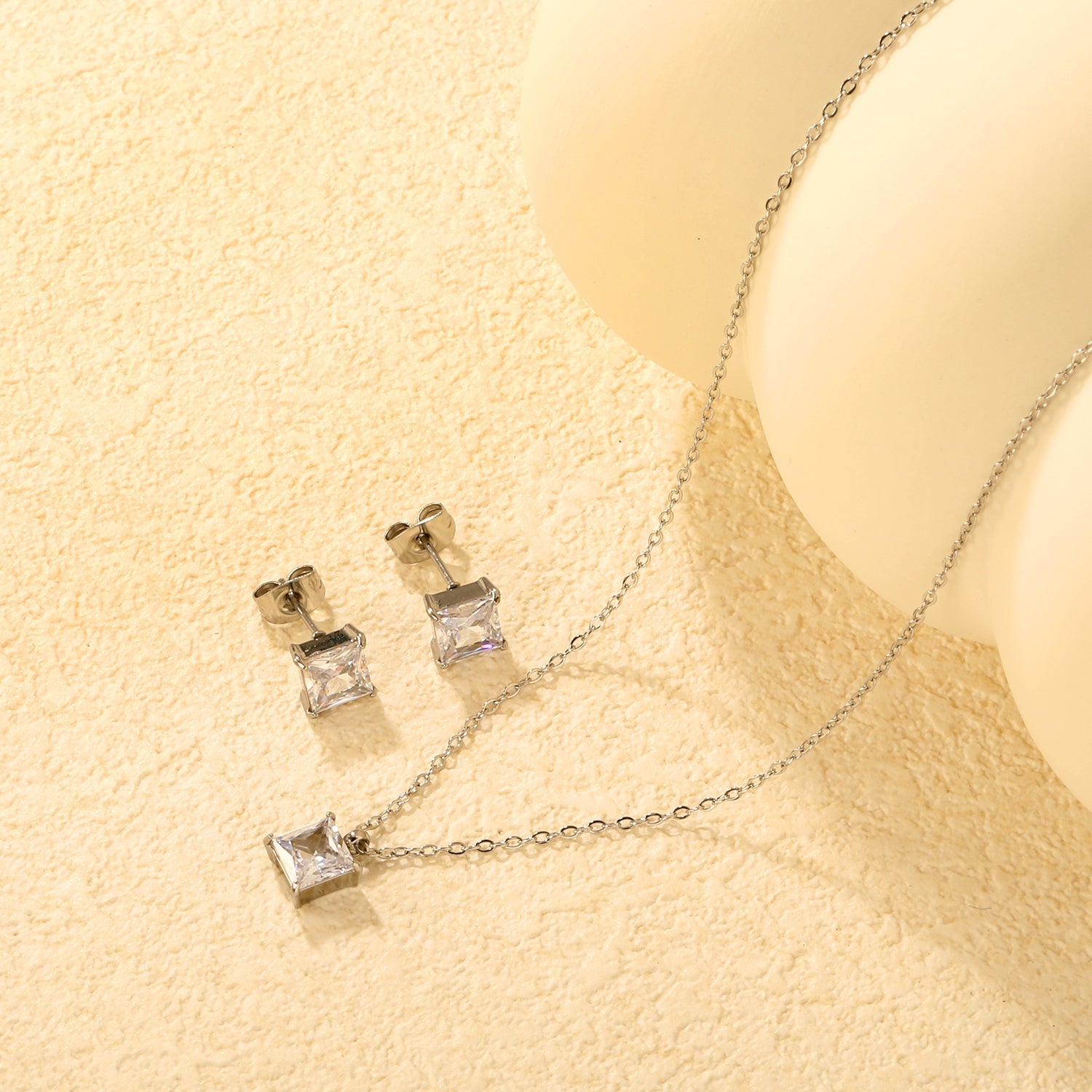 Square Zirconia Set Gold/Steel Tone Studs: 7mm Pendant: 7mm 0.3ct Cross Chain 40+5cm + 6mm Round Tag asonjewelry