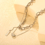 11*8mm Sugar Bean Beads 5*7.5mm Rectangular Tag 1.3mm Oval Chain 35cm+0.4cm Side Chain 38+3cm Pendant Chain 5cm+6mm Round End Tag Double Chain Necklace Steel/Gold