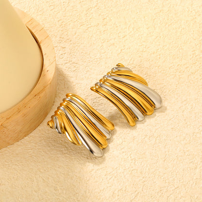 23.2mm*30.5mm Square Two-Tone Wavy Texture Stud Earrings, Two-Tone Gold asonjewelry