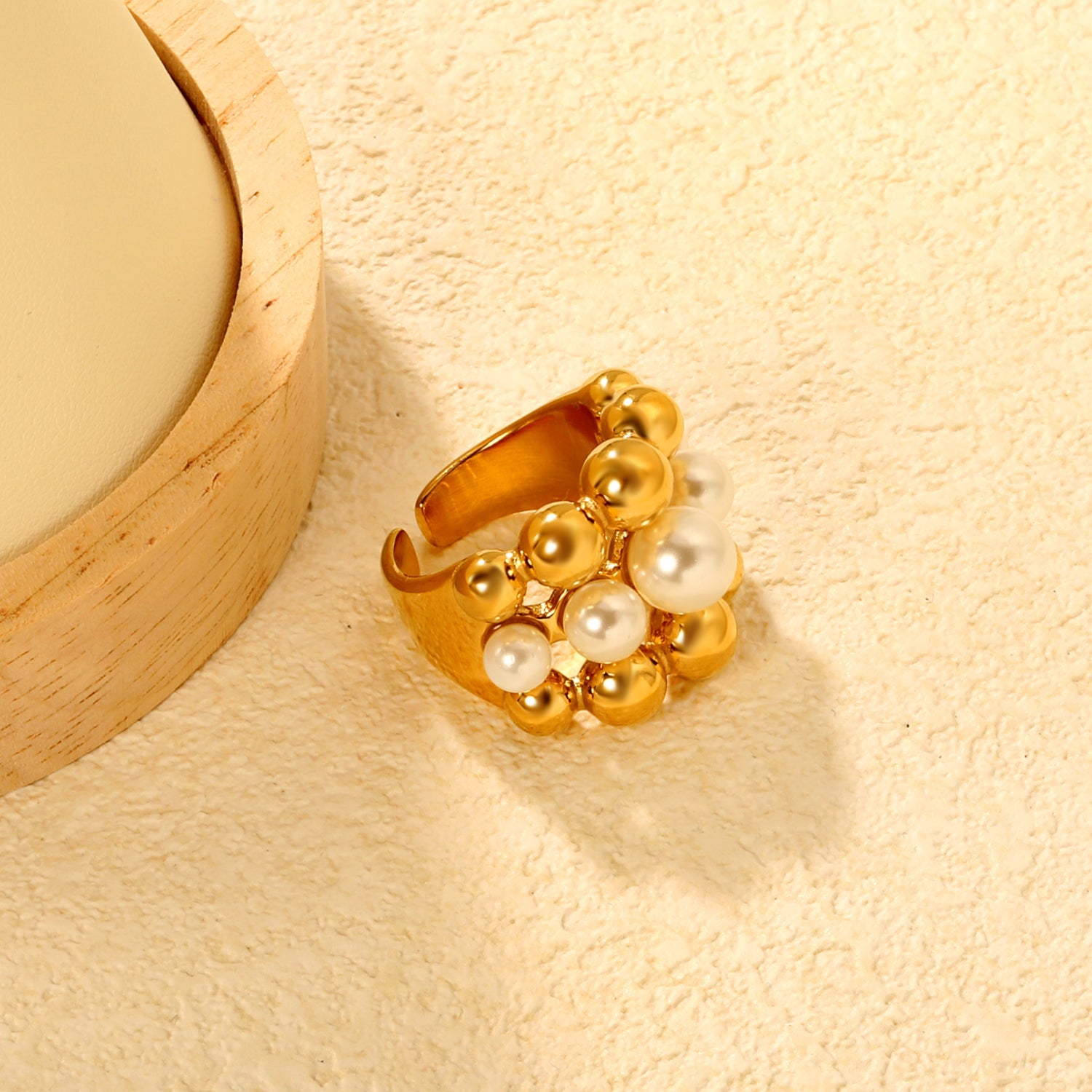 Wholesale 18K Gold Plated Pearl & Gold Bead Cluster Open Ring Hypoallergenic asonjewelry