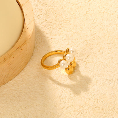 Wholesale 18K Gold Plated Pearl & Gold Bead Open Ring Hypoallergenic asonjewelry