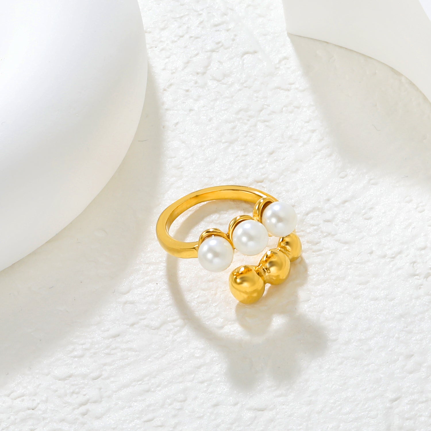 Wholesale 18K Gold Plated Pearl & Gold Bead Open Ring Hypoallergenic asonjewelry