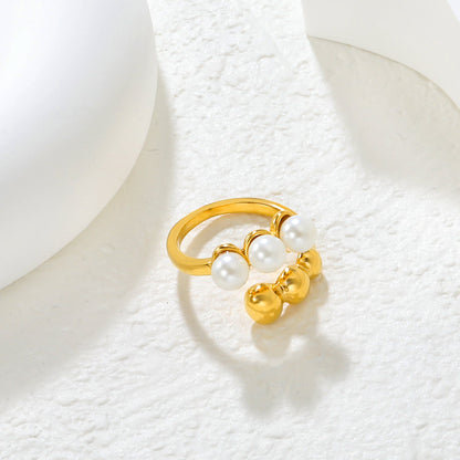 Wholesale 18K Gold Plated Pearl & Gold Bead Open Ring Hypoallergenic asonjewelry