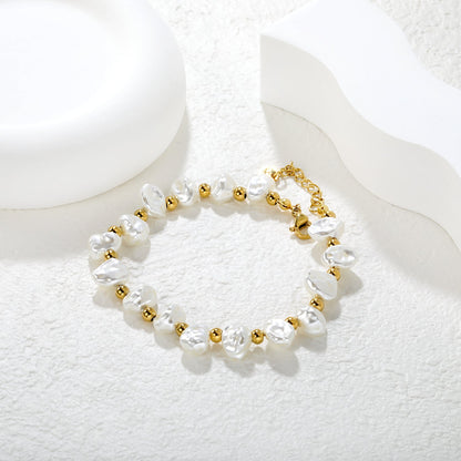 8x9mm Shell-Shaped Bracelet with 4mm Spacer Beads 18+3cm Length + Round Tag Steel Gray/Gold asonjewelry