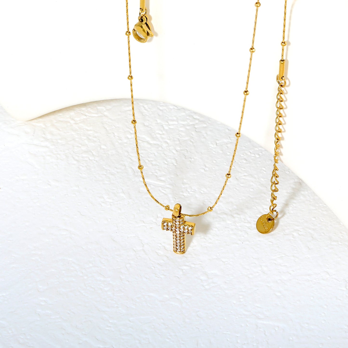 10*15mm CNC White Zircon Cross 0.3 Cross Hammer Solid Clasp Chain 40+5cm+6mm Round Pendant Necklace Gold asonjewelry