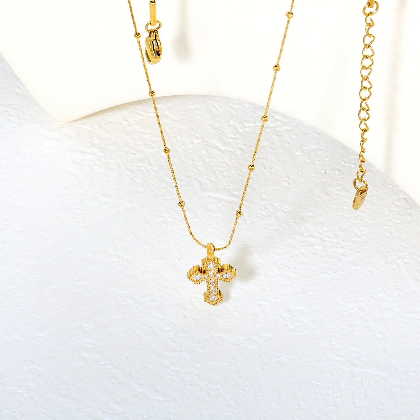 11.2*15mm CNC White Zircon Cross 0.3 Cross Hammer Solid Bead Chain 40+5cm+6mm Round Tag Necklace Gold asonjewelry