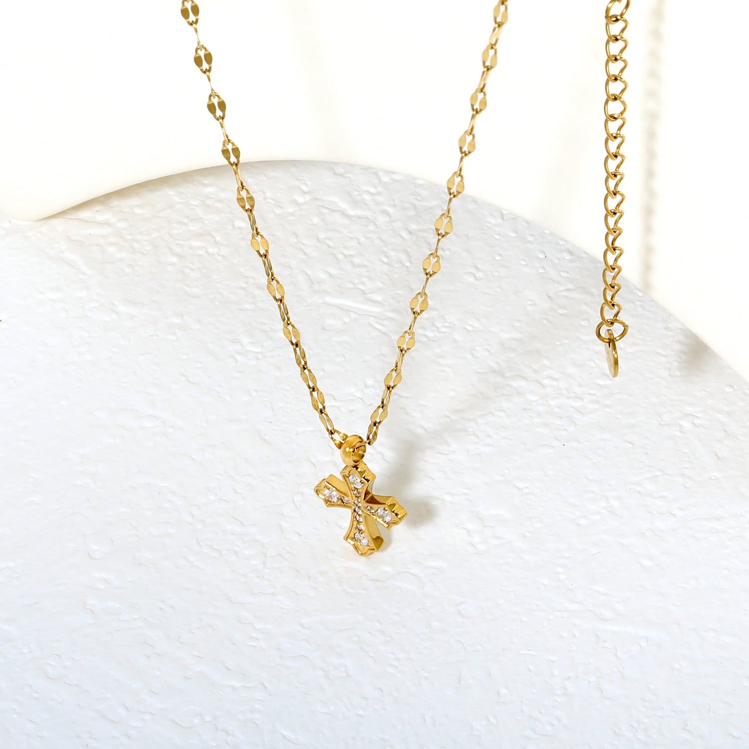 12.6*14mm CNC White Zircon Cross Lip Chain 40+5cm+6mm+Round Pendant Necklace Gold asonjewelry