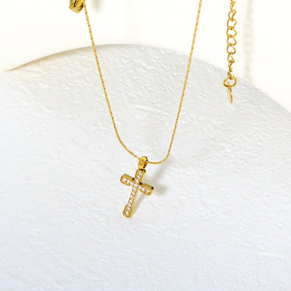 9.7*15mm CNC White Zircon Cross 0.3 Cross Hammer Round 40+5cm+6mm Round Tag Necklace Gold asonjewelry