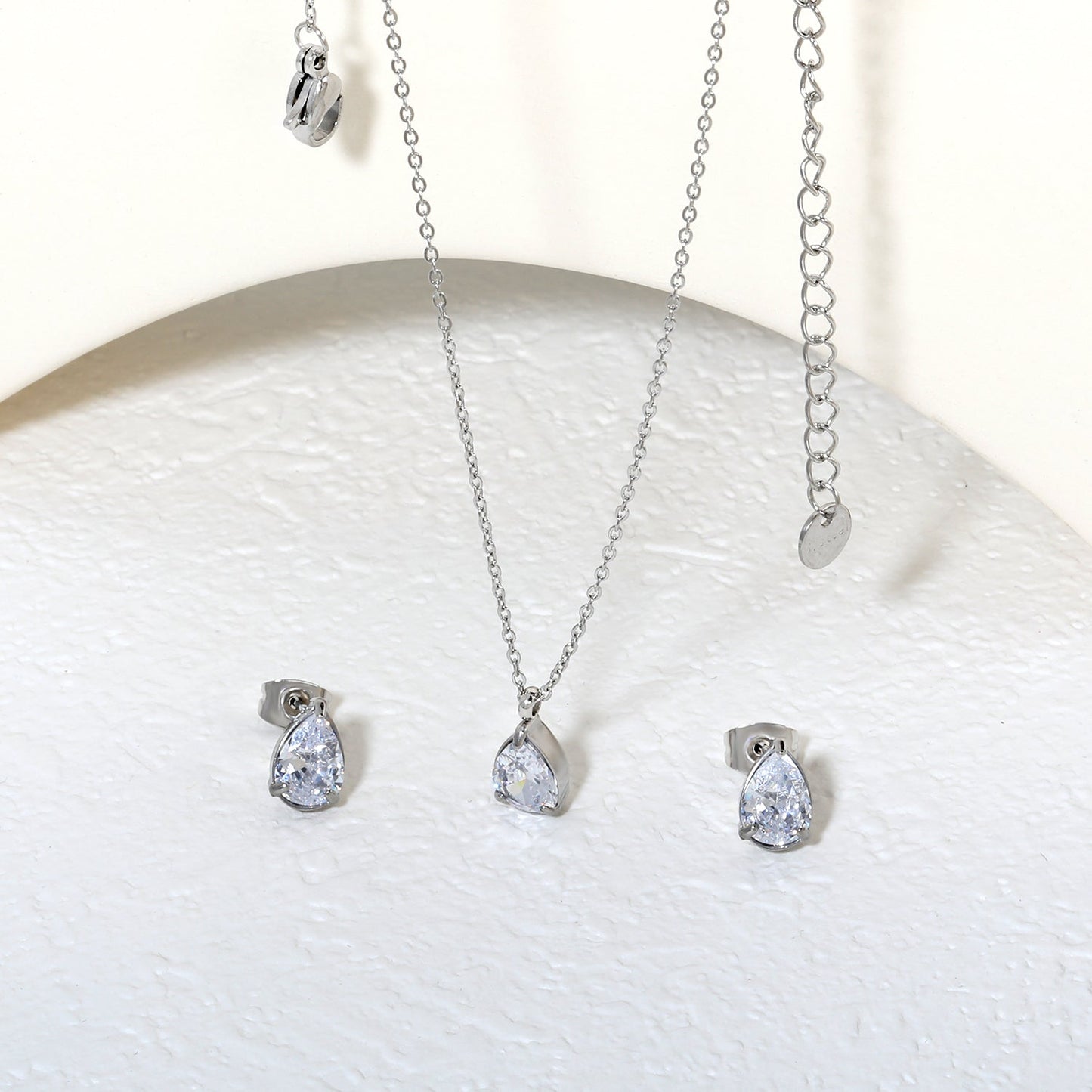 Teardrop White Zircon Set Gold/Steel-Tone Studs: 6.1*9.4mm Pendant: 6.1*9.4mm 0.3ct Cross Chain 40+5cm + 6mm Round Tag asonjewelry