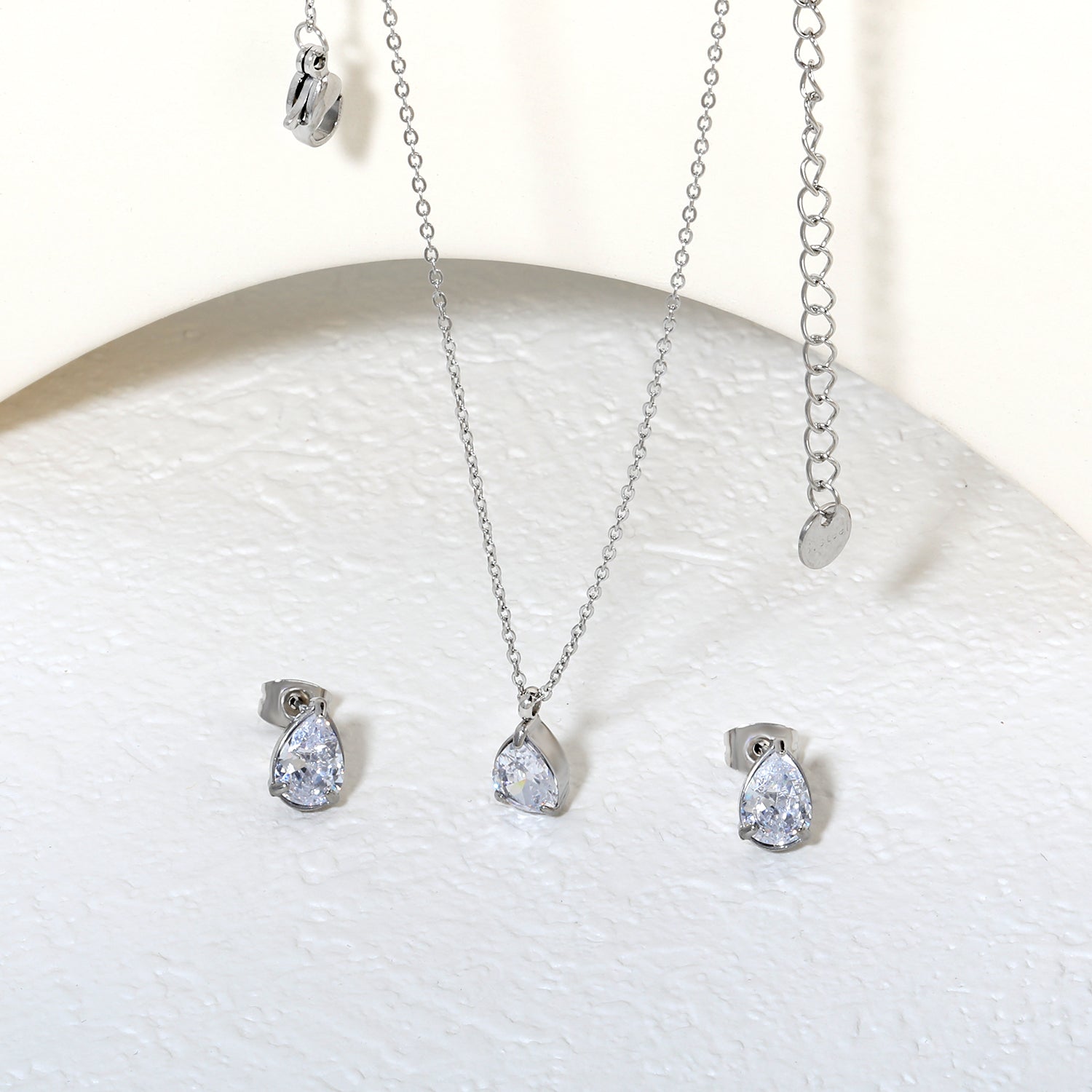 Teardrop White Zircon Set Gold/Steel-Tone Studs: 6.1*9.4mm Pendant: 6.1*9.4mm 0.3ct Cross Chain 40+5cm + 6mm Round Tag asonjewelry