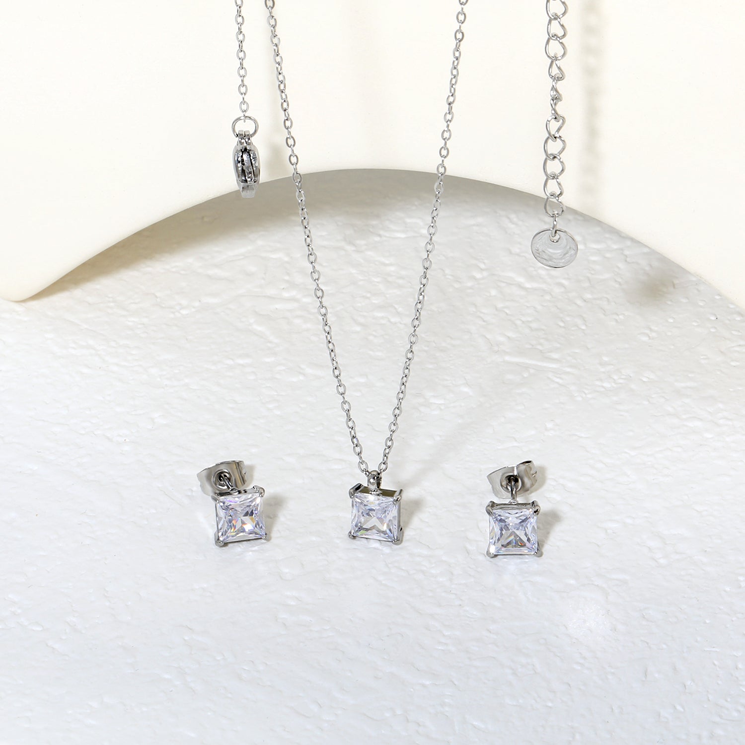 Square Zirconia Set Gold/Steel Tone Studs: 7mm Pendant: 7mm 0.3ct Cross Chain 40+5cm + 6mm Round Tag asonjewelry