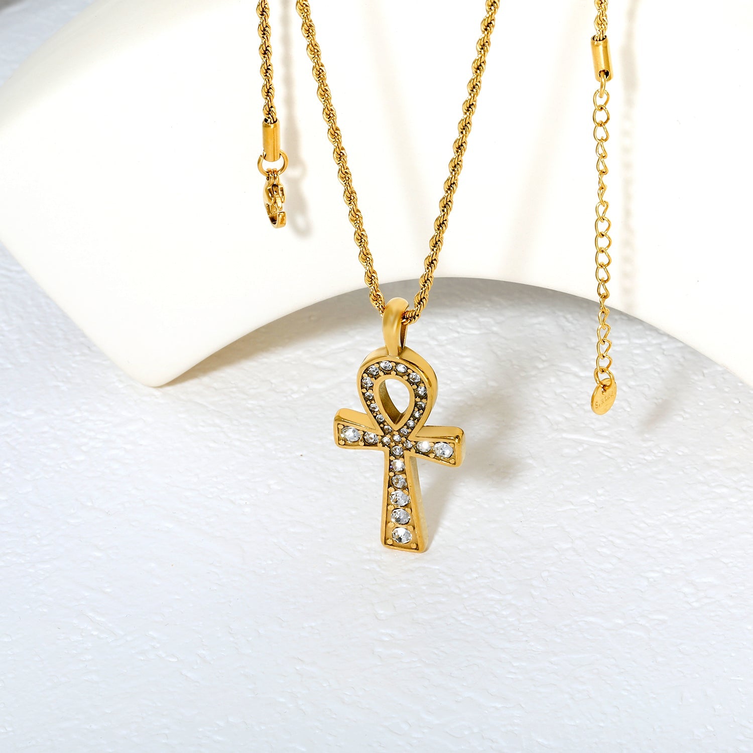20.8*37.7mm Egyptian Cross Pendant with White Acrylic Diamonds 2mm Twisted Chain 50+5cm+6mm Round Tag Necklace Gold asonjewelry