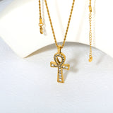 20.8*37.7mm Egyptian Cross Pendant with White Acrylic Diamonds 2mm Twisted Chain 50+5cm+6mm Round Tag Necklace Gold