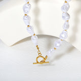 11*15mm 24 Baroque Imitation Pearls 2.9mm 25 Hollow Round Beads OT Clasp 45cm Necklace Gold