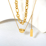 11*8mm Sugar Bean Beads 5*7.5mm Rectangular Tag 1.3mm Oval Chain 35cm+0.4cm Side Chain 38+3cm Pendant Chain 5cm+6mm Round End Tag Double Chain Necklace Steel/Gold