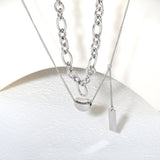 11*8mm Sugar Bean Beads 5*7.5mm Rectangular Tag 1.3mm Oval Chain 35cm+0.4cm Side Chain 38+3cm Pendant Chain 5cm+6mm Round End Tag Double Chain Necklace Steel/Gold