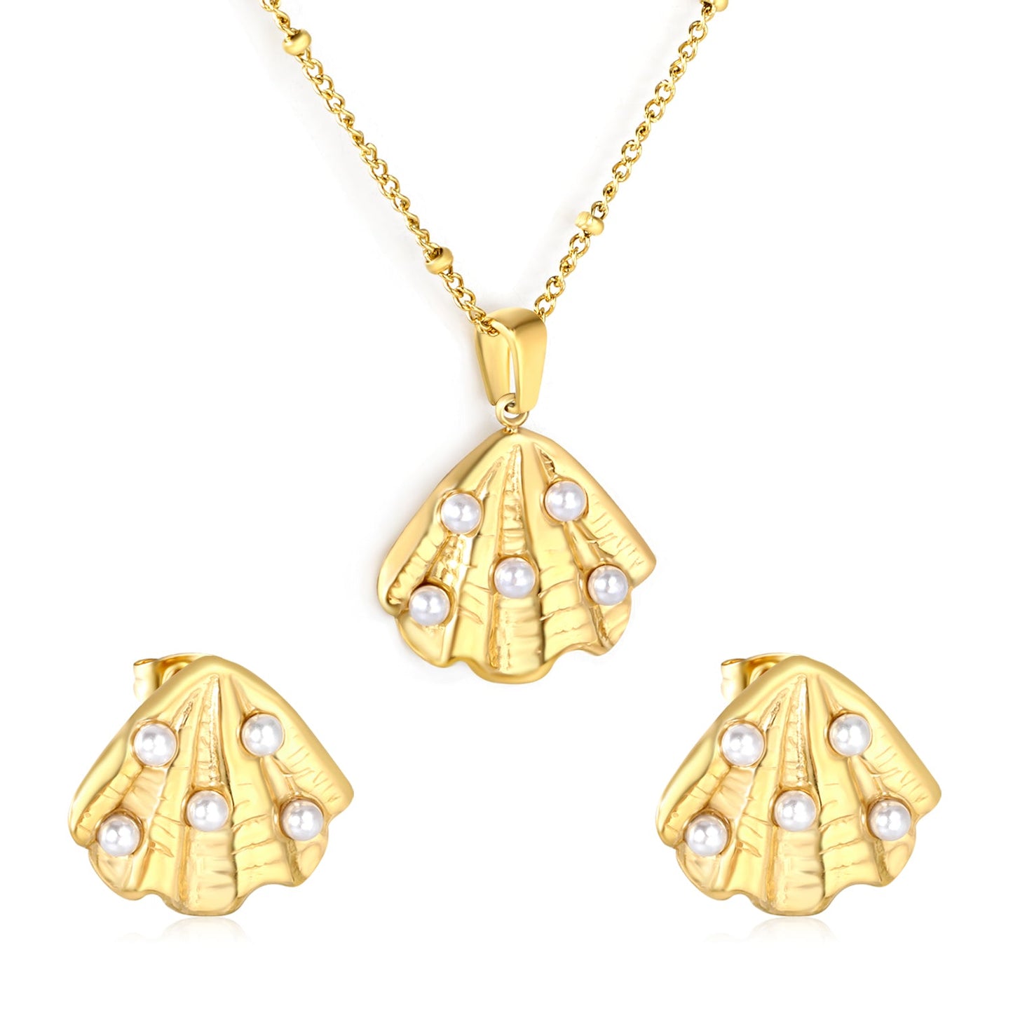 Stud Earrings + 0.4mm Side-Clip Pearl Chain 40+5cm + Round Tag in Gold asonjewelry