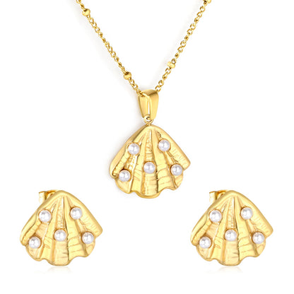 Stud Earrings + 0.4mm Side-Clip Pearl Chain 40+5cm + Round Tag in Gold asonjewelry