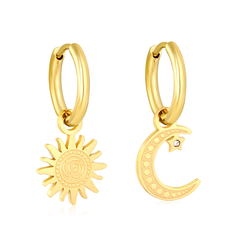 Sun & Moon Asymmetrical Earrings, Gold