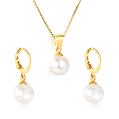 Earrings Pearl 10mm + Pendant Pearl 10mm Box Chain 40+5cm + Round Tag, Gold asonjewelry