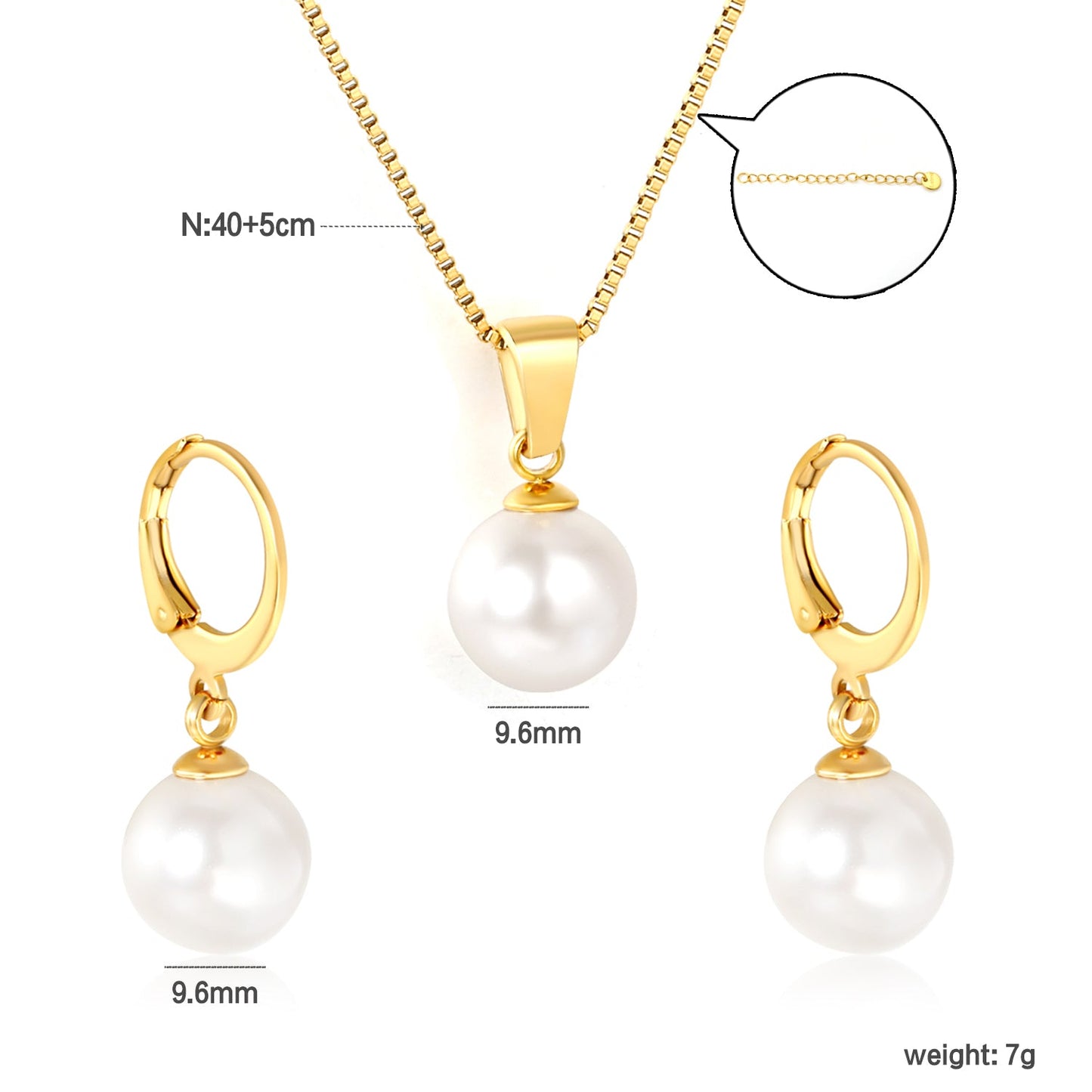 Earrings Pearl 10mm + Pendant Pearl 10mm Box Chain 40+5cm + Round Tag, Gold asonjewelry