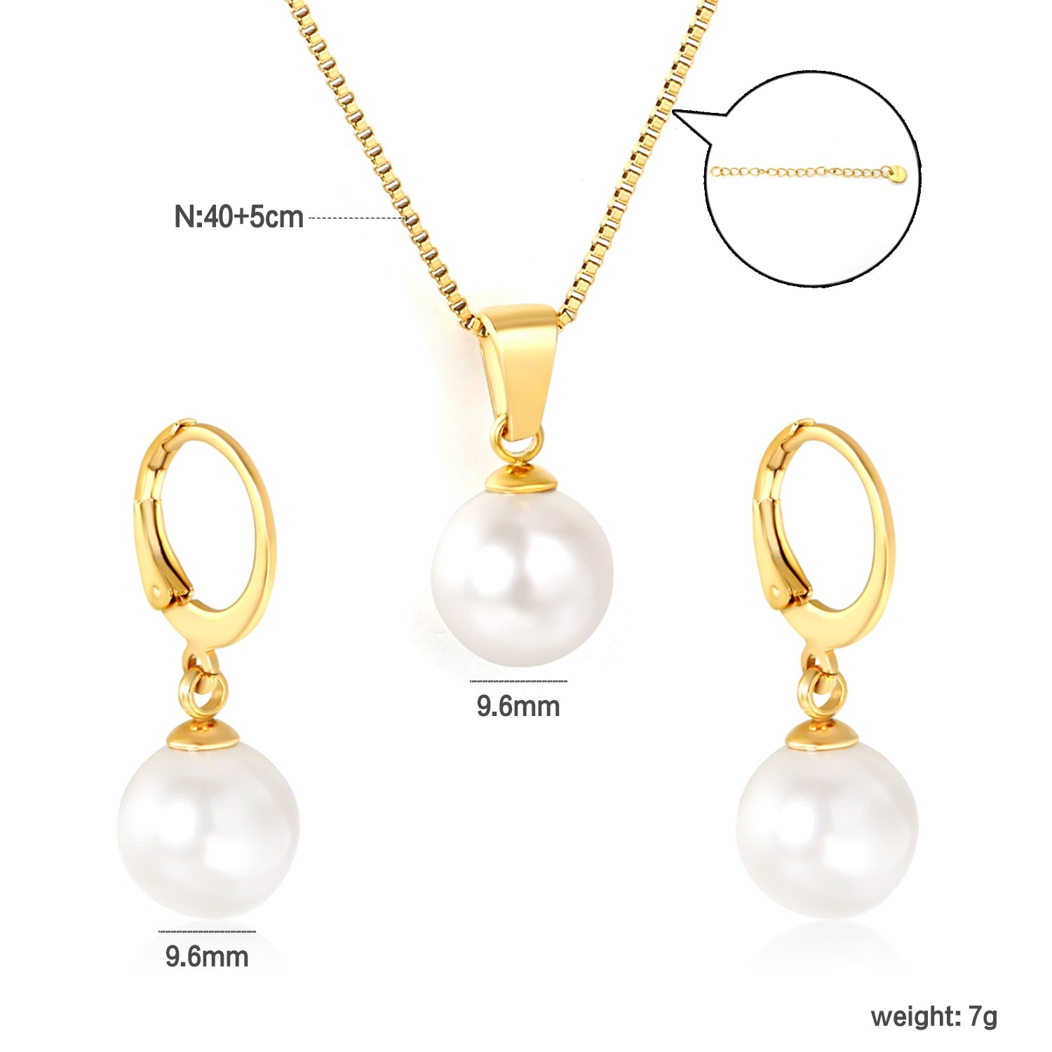 Earrings Pearl 10mm + Pendant Pearl 10mm Box Chain 40+5cm + Round Tag, Gold asonjewelry